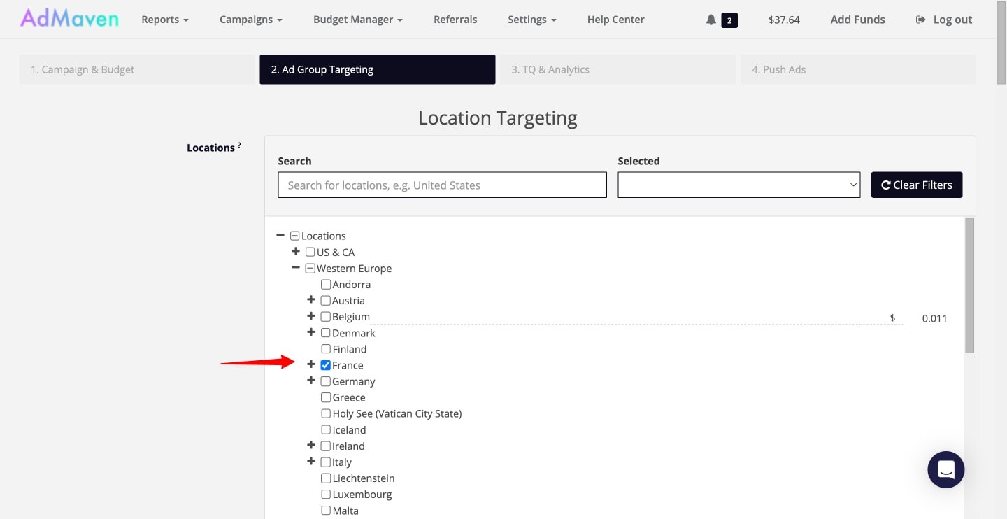 AdMaven Location Targeting Option