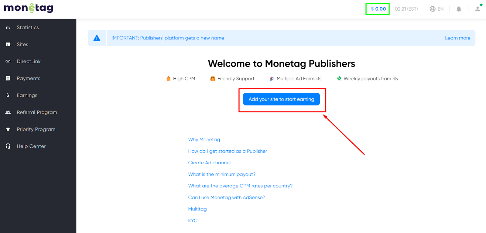 Add your site to make money in Monetag