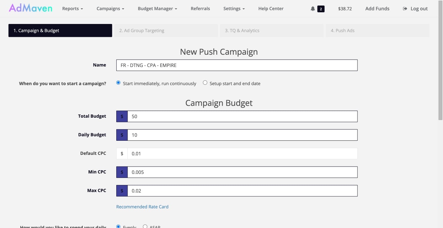 Admaven campaign setup