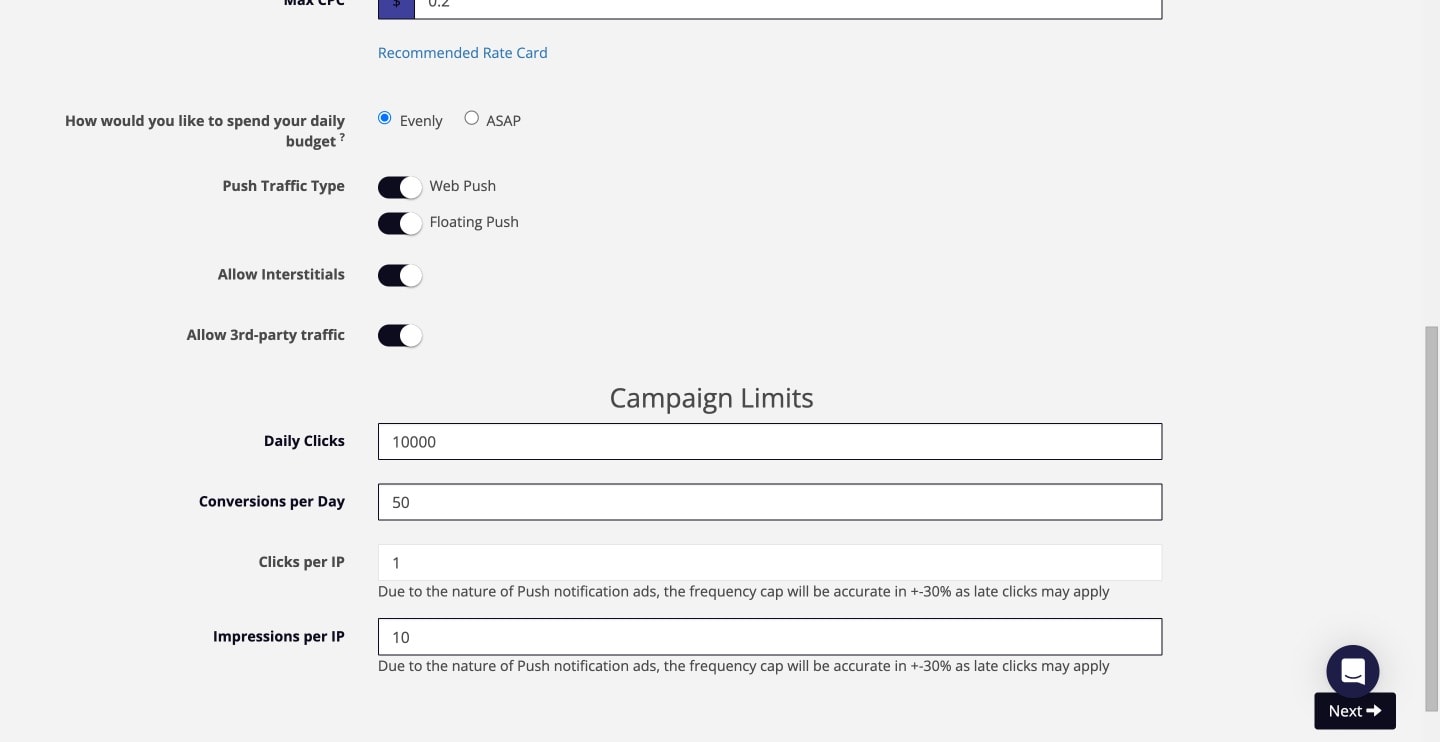 Campaign Limits AdMaven