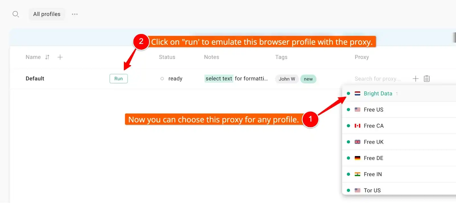 Choose proxy in GoLogin antidetect profile