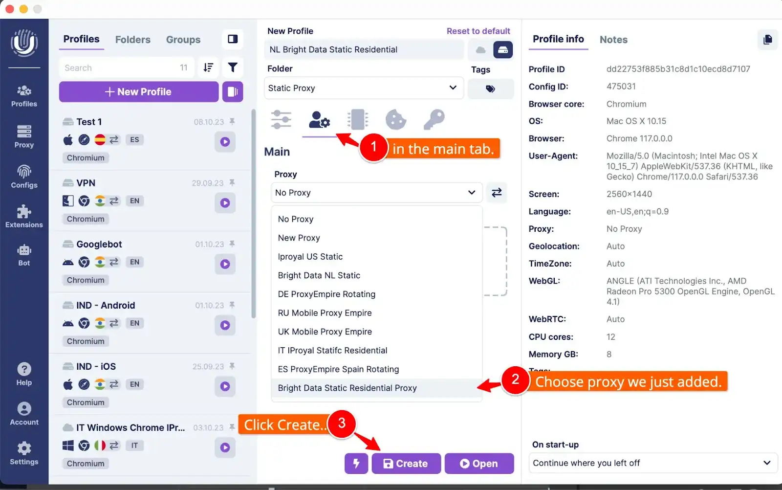 Choose saved proxy in antidetect profile