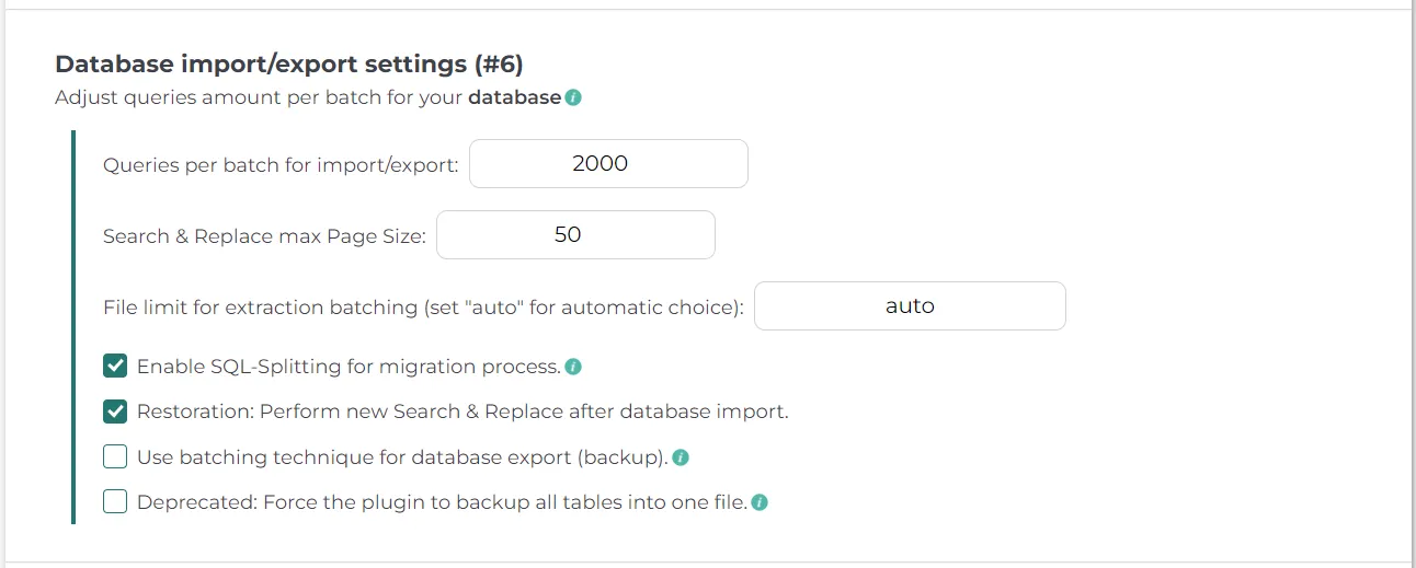 Database import export settings