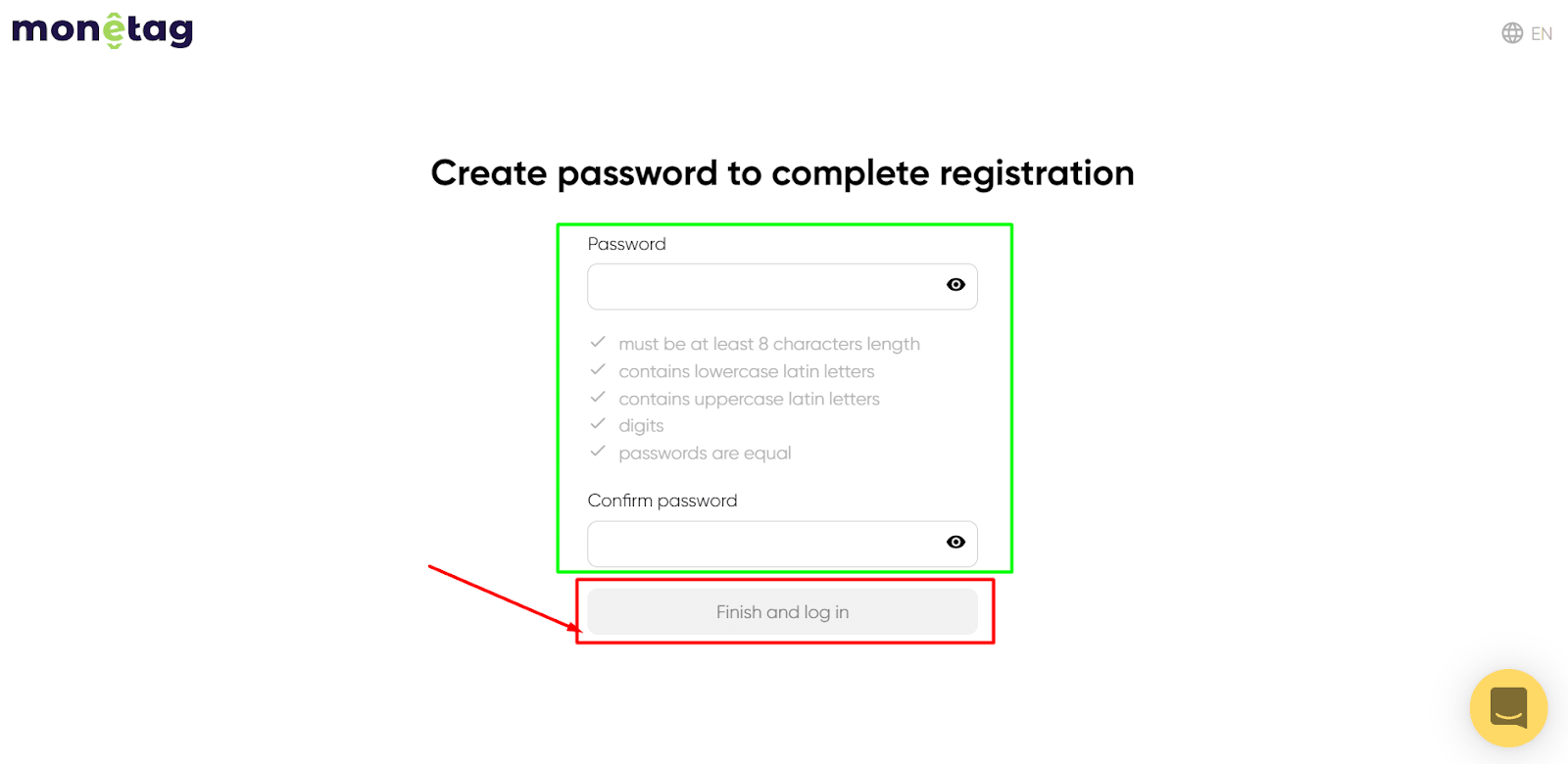 Monetag Create Password and Complete Registration