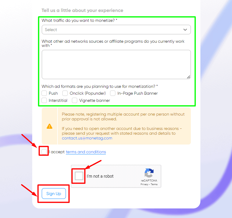 Monetag Signup Requirements