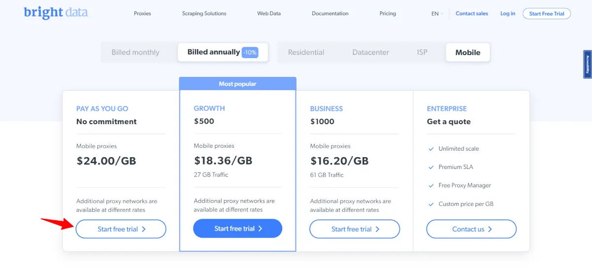 bright data mobile proxies price