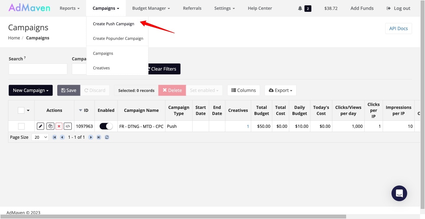 create a push campaign admaven