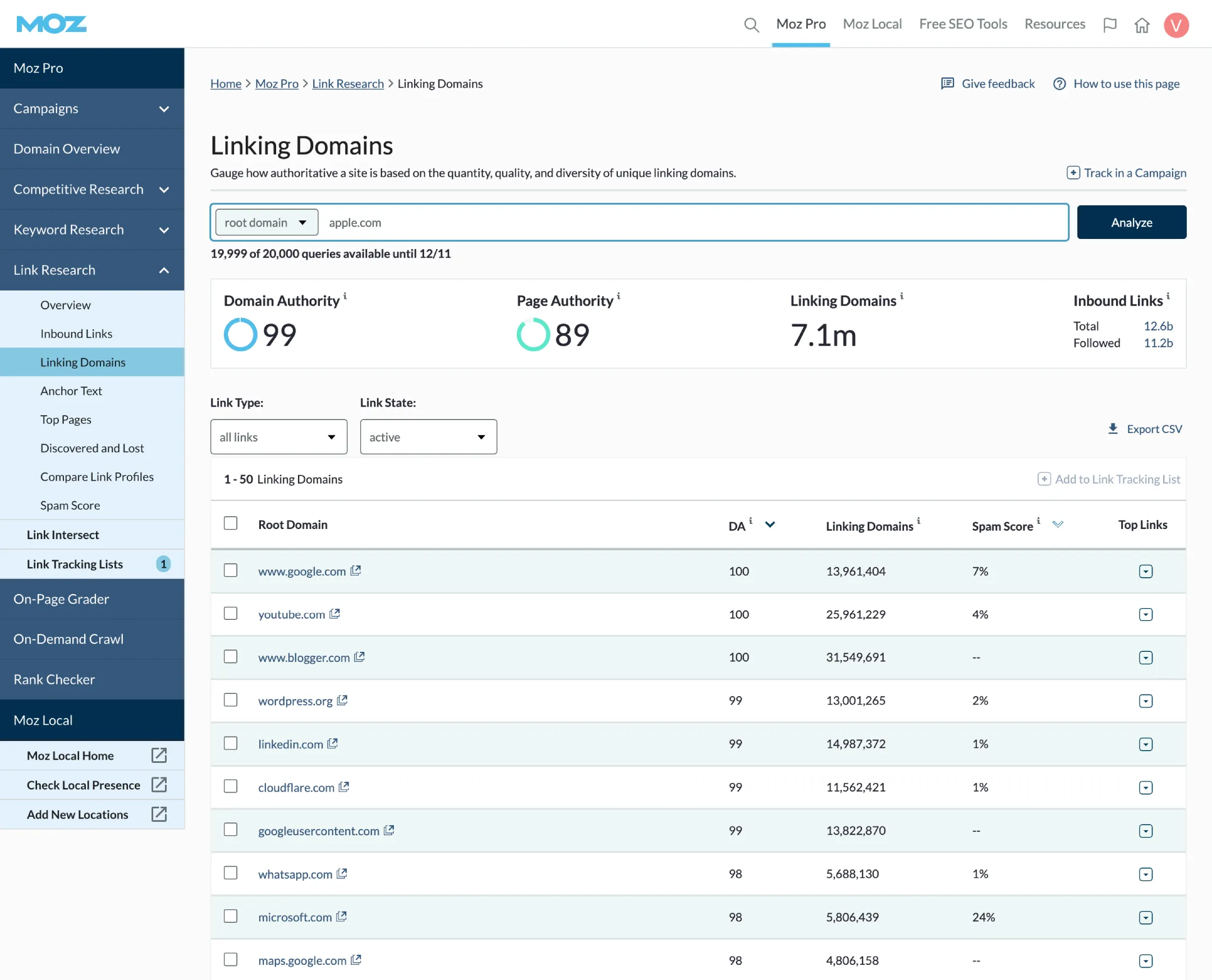 moz pro backlink research dashboard