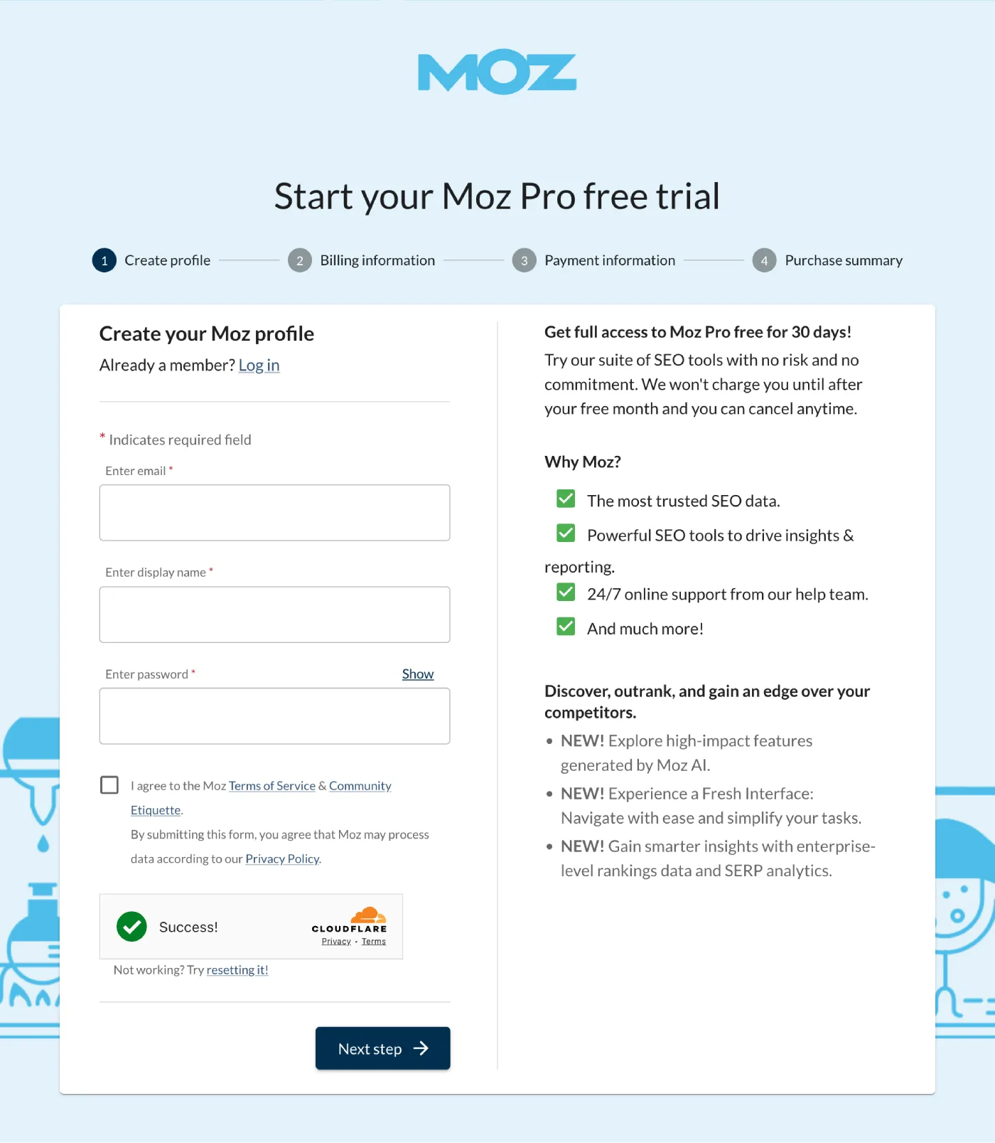 moz pro signup page